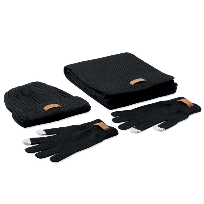 Set bonnet, écharpe et gants tactiles en polyester recyclé rPET Denali_Noir
