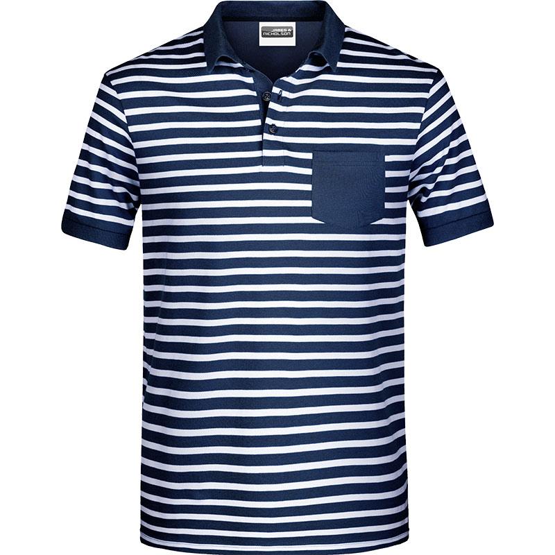Polo homme rayé en coton bio certifié James & Nicholson 180 g_Marine/Blanc