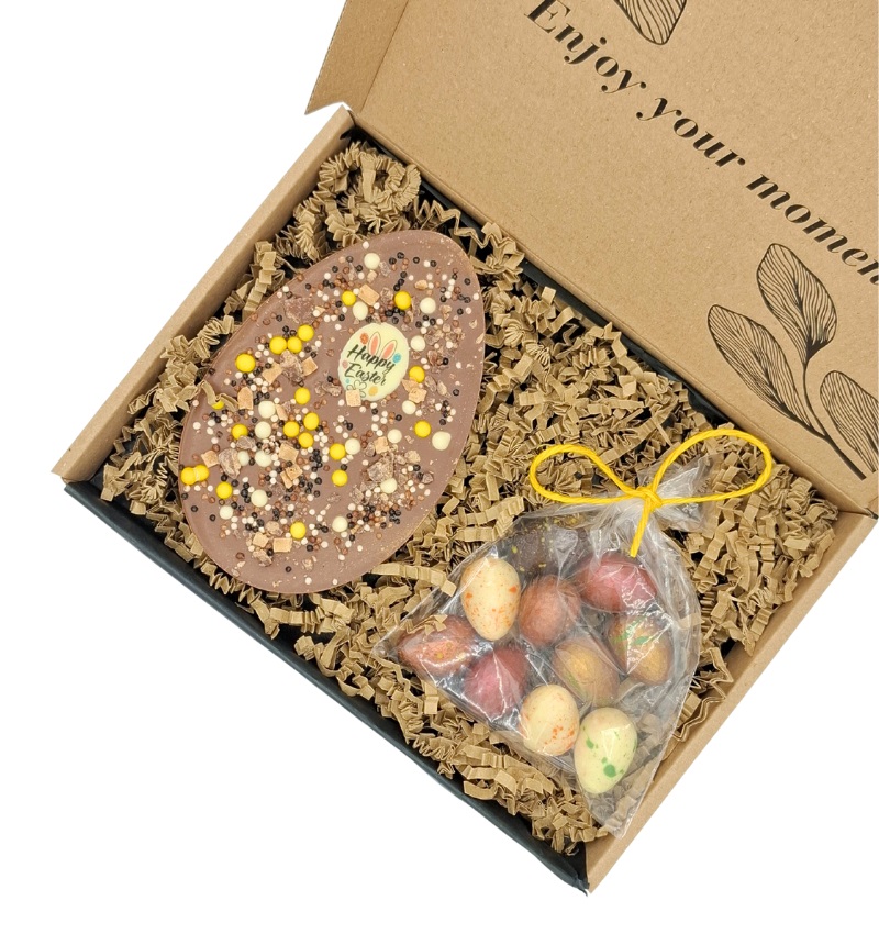 Boîte cartonnée avec œuf en chocolat et sachet d'œufs de Pâques 185 g_01