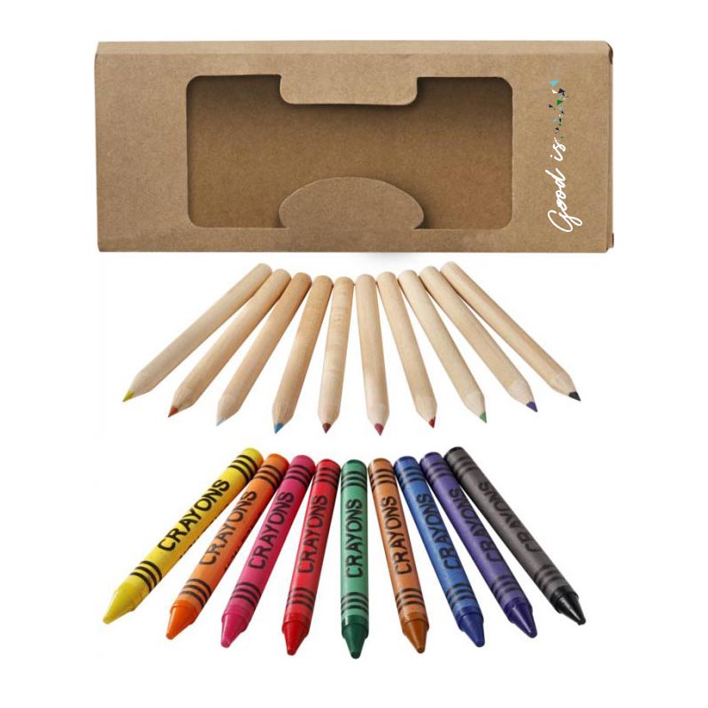 Set de coloriage publicitaire Fusi 19 crayons, présenté dans une boîte en carton