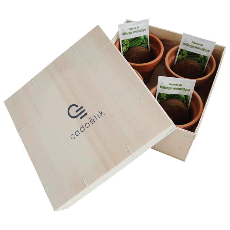 Graines publicitaires dans coffret aromatique en bois