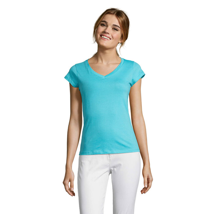T-shirt publicitaire femme col V en coton certifié Moon 150 g_Bleu atoll
