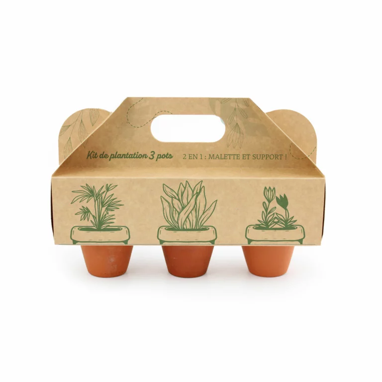 Kit de plantation 3 pots avec présentoir ou mallette en carton certifié_Naturel