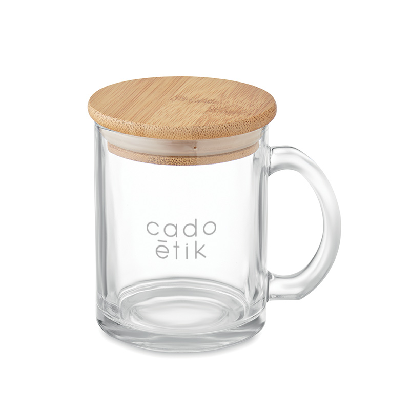 Mug publicitaire en verre recyclé avec couvercle en bambou Celestial 300 mL_01