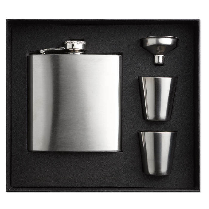Flasque de poche avec gobelets en inox Annaska 200mL_Argent mat