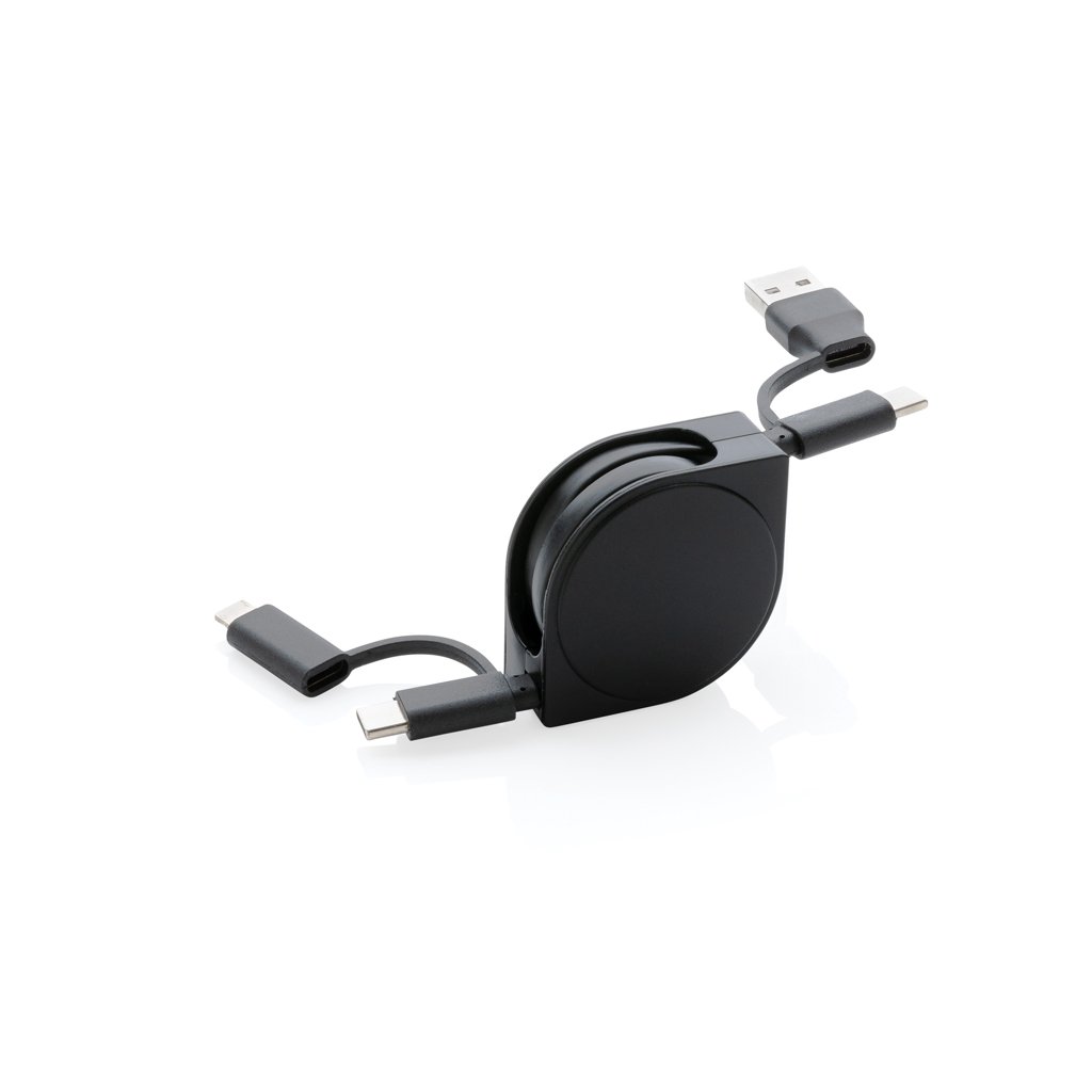 Câble USB rétractable 6-en-1 en plastique recyclé certifié Bolt_Noir