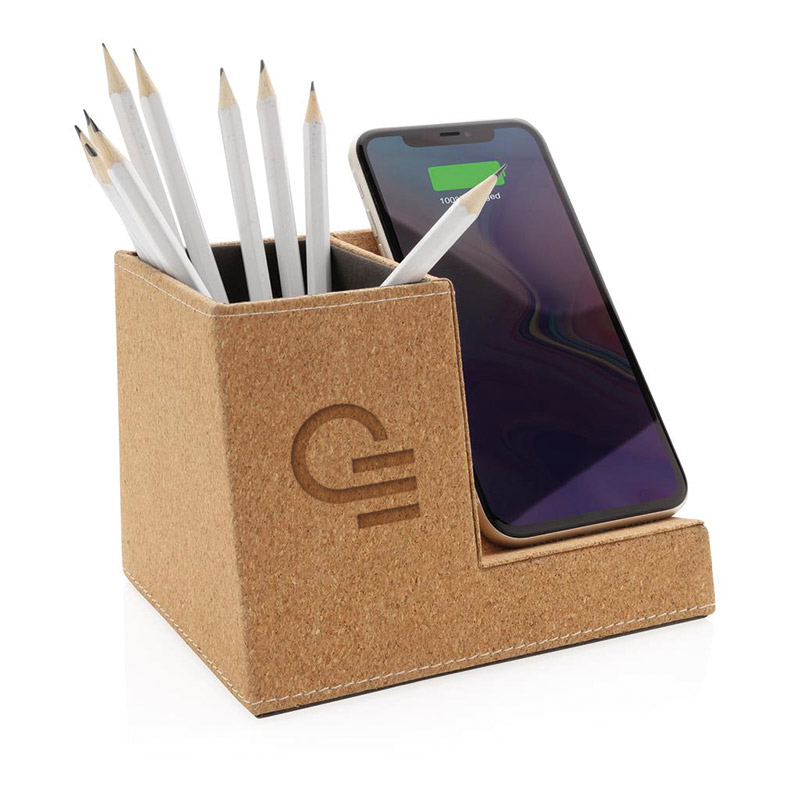 Station de charge à induction en liège avec porte-crayons Eslida_1