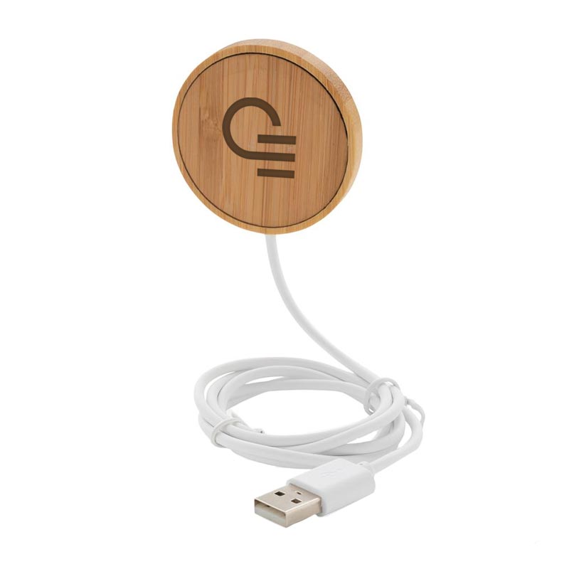 Chargeur à induction publicitaire magnétique en bambou - Marquage logo