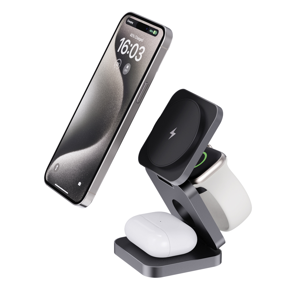 Chargeur à induction rapide 3 en 1 en plastique et alu recyclés Terra 15 W_Gris