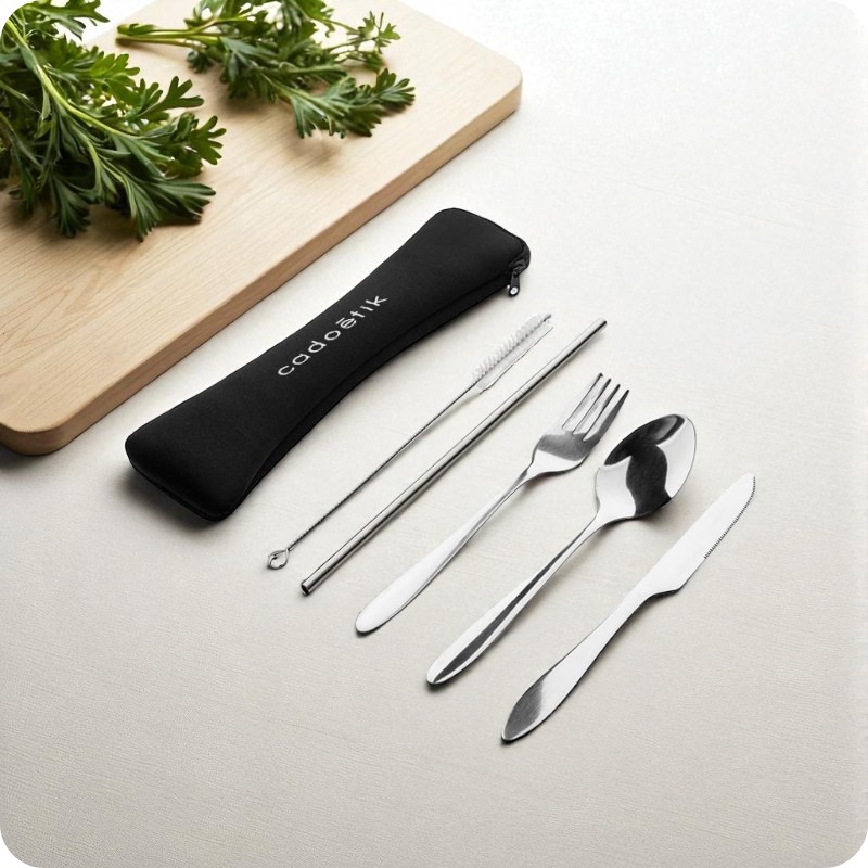 Set de couverts et paille en inox avec housse Néo_04