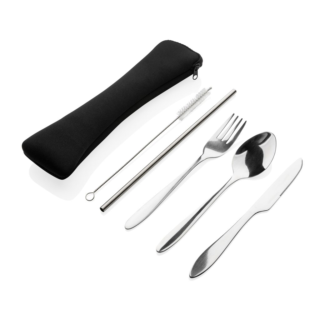 Set de couverts et paille en inox avec housse Néo_Argent