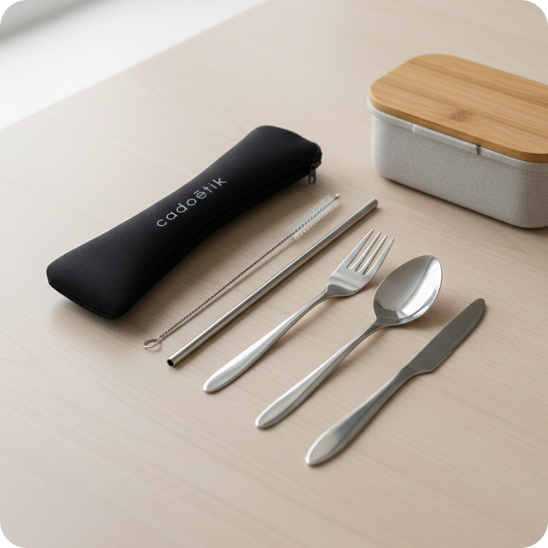 Set de couverts publicitaires et paille en inox avec housse Néo_00