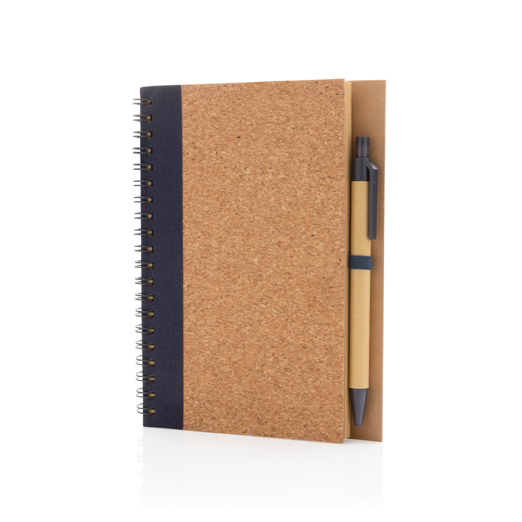 Carnet à spirale B6 avec stylo en liège et kraft Sughero_Bleu