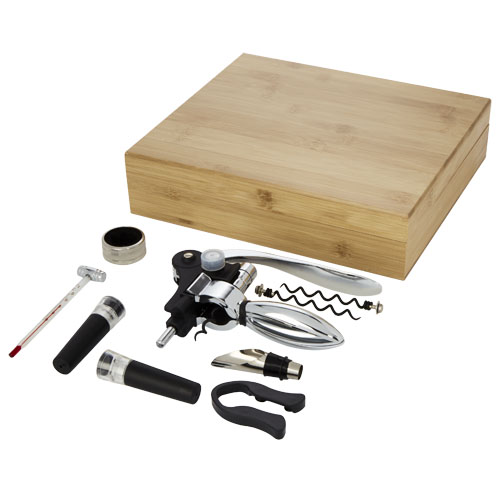 Set de 9 accessoires à vin en bambou et inox Malbick_Naturel/Argent