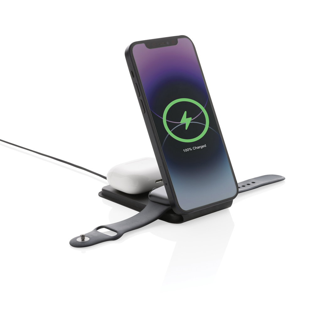 Chargeur magnétique 3-en-1 en plastique recyclé certifié Swiss Peak 15W_Noir