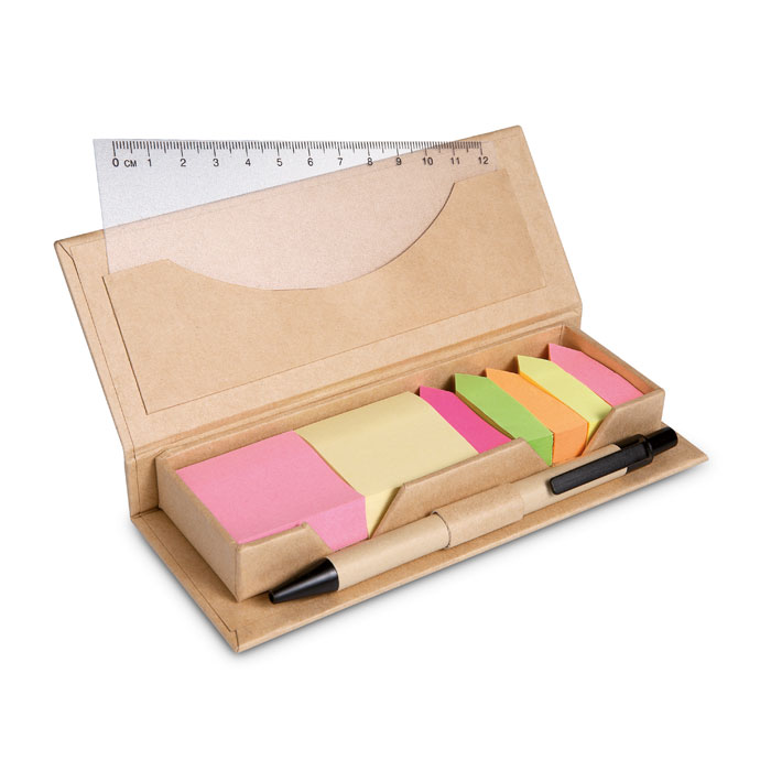 Post it avec stylo et règle dans set cartonné Stibox_Beige
