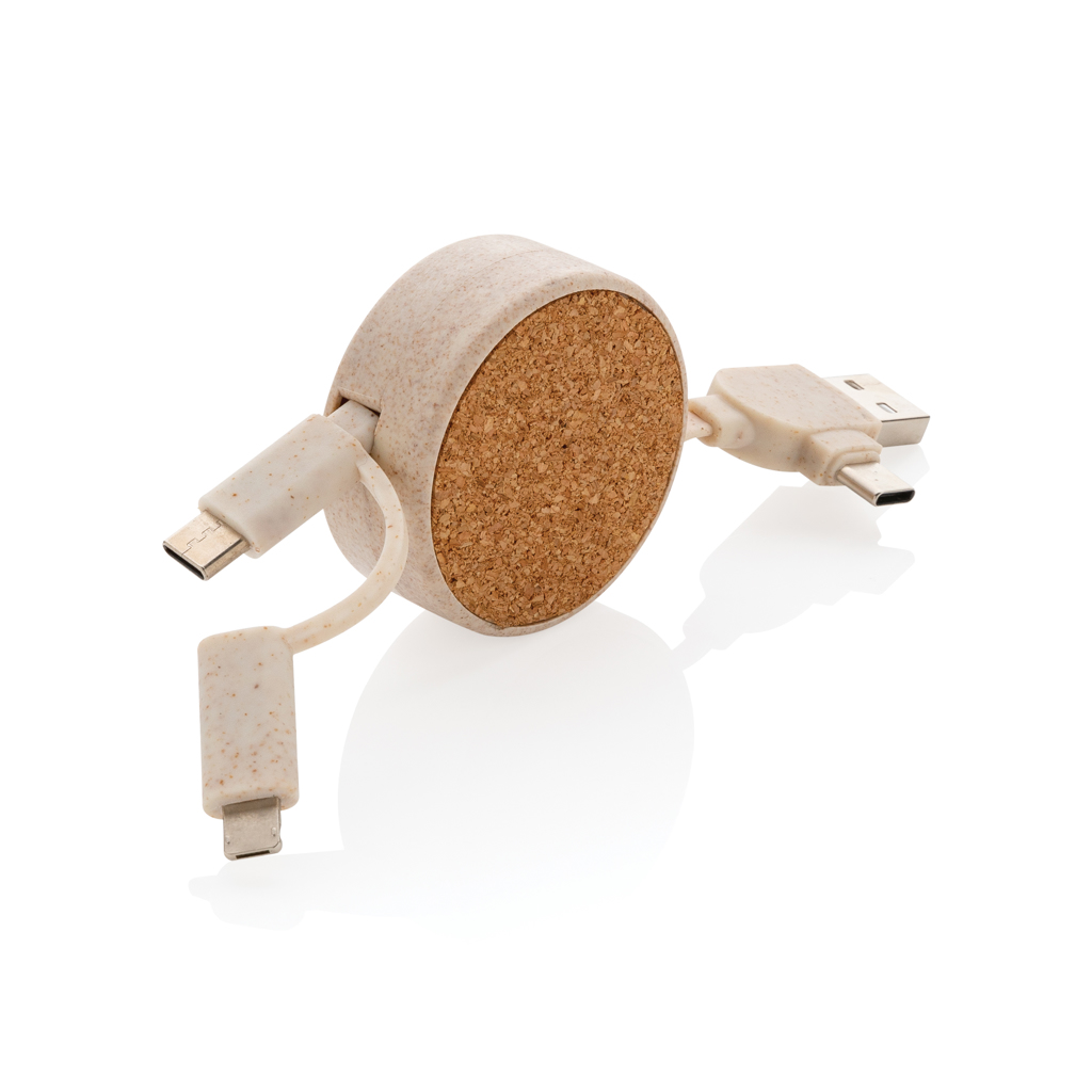 Câble rétractable 6 en 1 en fibre de blé et liège Ecoboost_Kaki