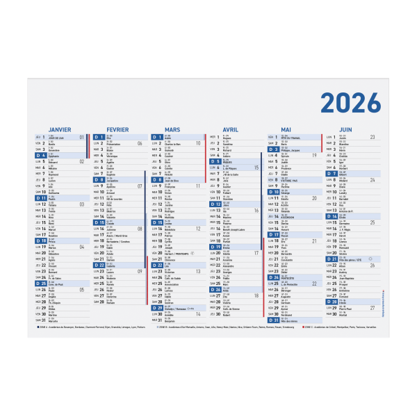 Calendrier Bancaire Cartonné Standard 2026_Bleu
