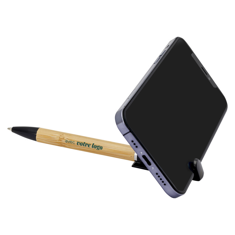 Stylo bille support de téléphone en bambou et plastique recyclé Delfina_03