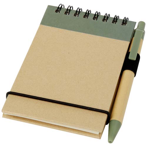 Bloc-notes A7 avec stylo en carton recyclé Zuse_Vert bruyère/Naturel