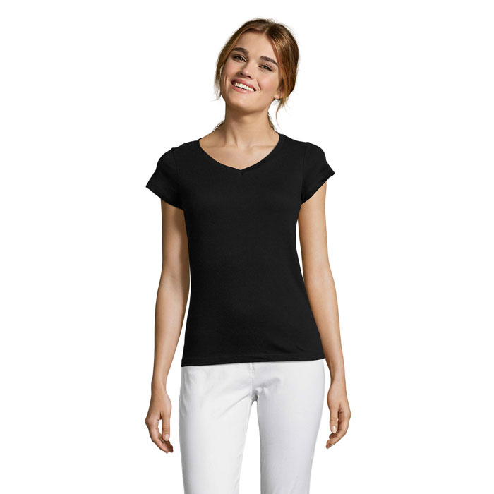 T-shirt femme col V en coton certifié Moon 150 g_Noir profond