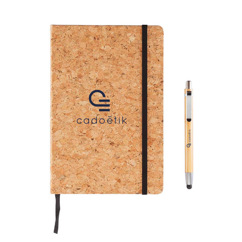 Carnet publicitaire Earth en liège avec stylo en bambou
