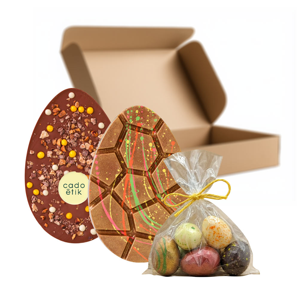 Boîte cartonnée avec œuf en chocolat et sachet d'œufs de Pâques 185 g_01