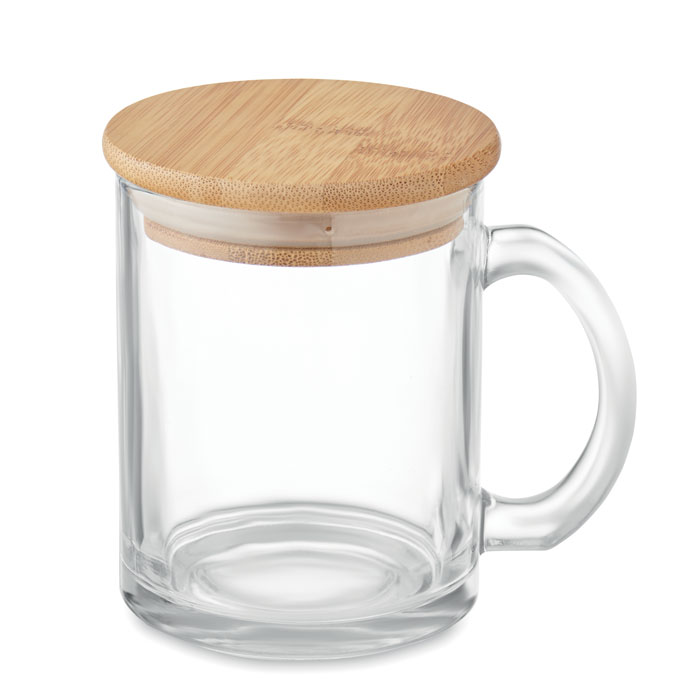 Mug publicitaire en verre recyclé avec couvercle en bambou Celestial 300 mL_Transparent