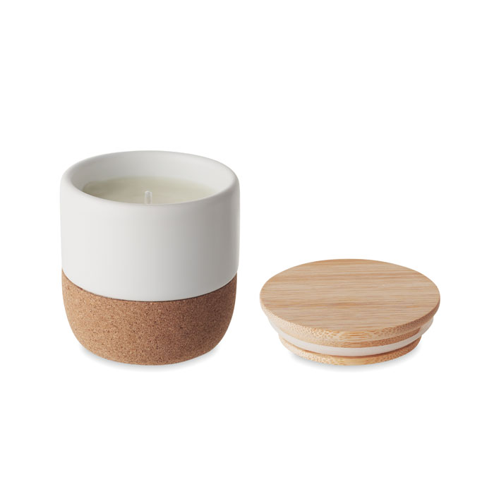 Bougie végétale parfumée avec couvercle en liège et bambou Menkaure 80 mL_Blanc