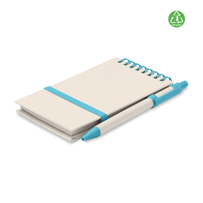 Bloc-notes A6 avec stylo en carton recyclé Mito_Turquoise